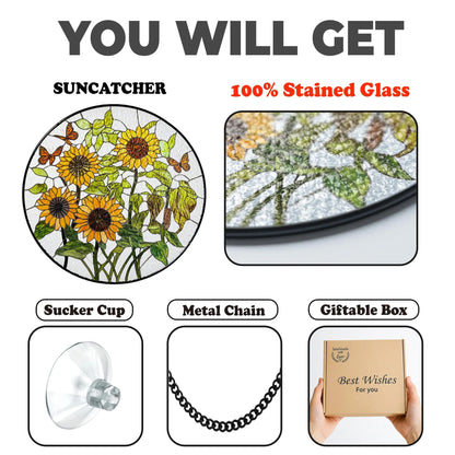 Netecom 8" Sunflower Stained Glass Suncatcher – Floral Window Hanging Decor, Sunflower Ornament Gift for Home and Garden Lovers