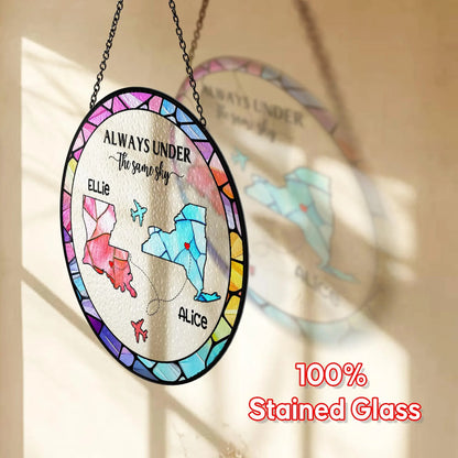 Netecom Personalized Long Distance Friendship Suncatcher – Custom Stained Glass Decor, Best Friend Gift, Sister Keepsake, State to State Connection