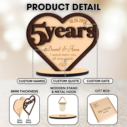 Netecom Personalized 5th Anniversary Gift Custom "I Wood Marry You Again" Wood Sign for Husband Wife 5 Year Wedding Keepsake
