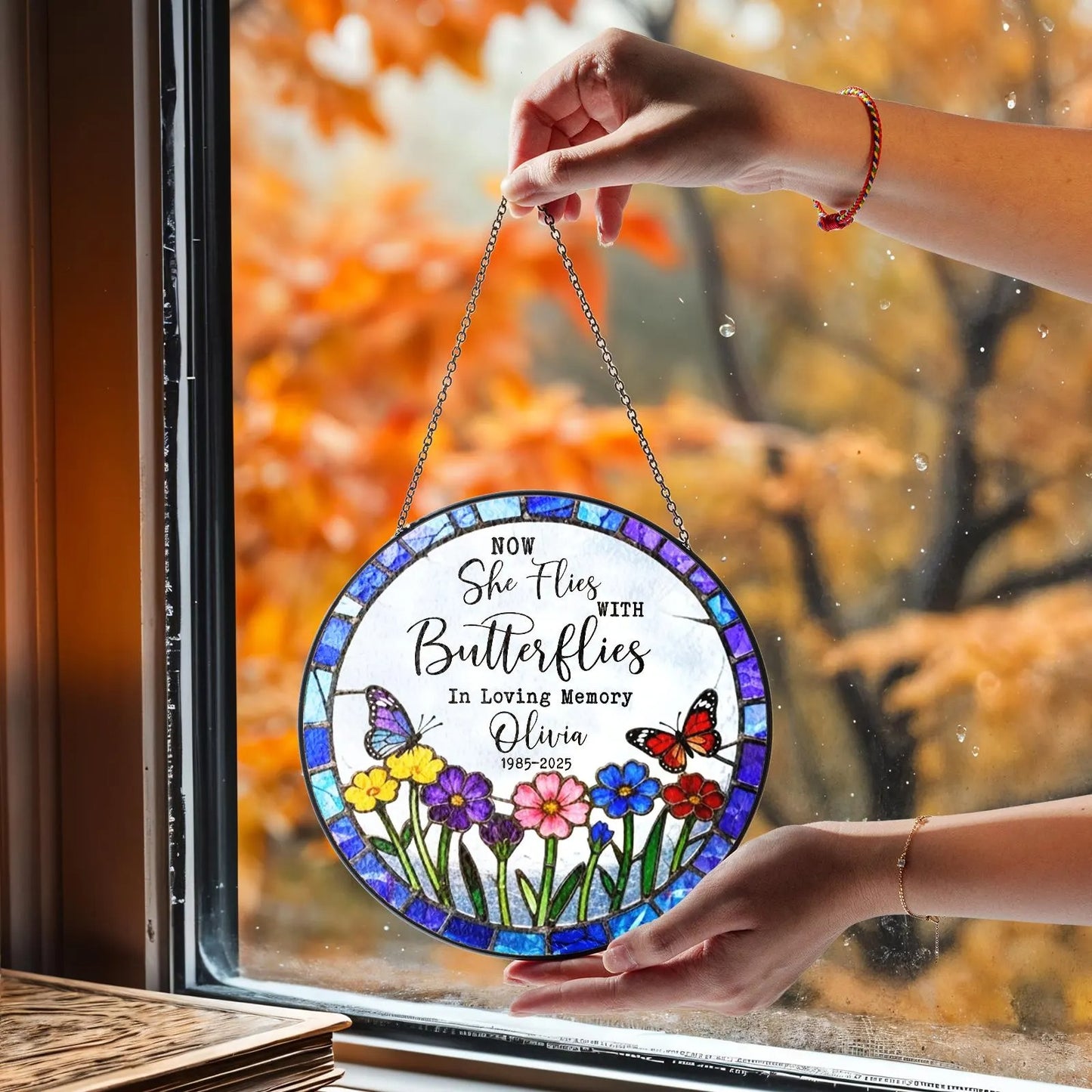 Netecom Personalized Sympathy Gift – Now She Flies With Butterflies Memorial Suncatcher, Remembrance for Loss of Mom