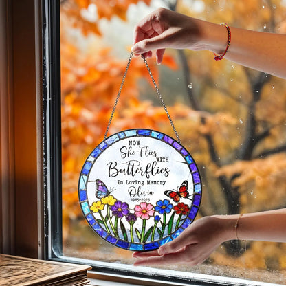 Netecom Personalized Sympathy Gift – Now She Flies With Butterflies Memorial Suncatcher, Remembrance for Loss of Mom
