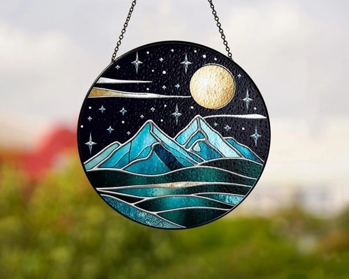 Netecom Fantasy Starlight City Stained Glass Suncatcher, Moon & Stars Window Hanging, Gift for Book Lovers, Reader Decor, Library Bookshelf Art