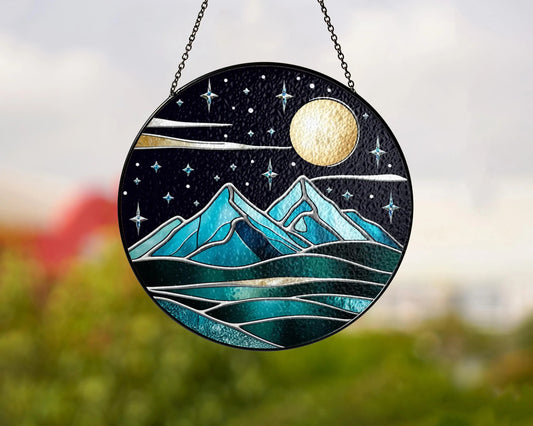 Netecom Fantasy Starlight City Stained Glass Suncatcher, Moon & Stars Window Hanging, Gift for Book Lovers, Reader Decor, Library Bookshelf Art