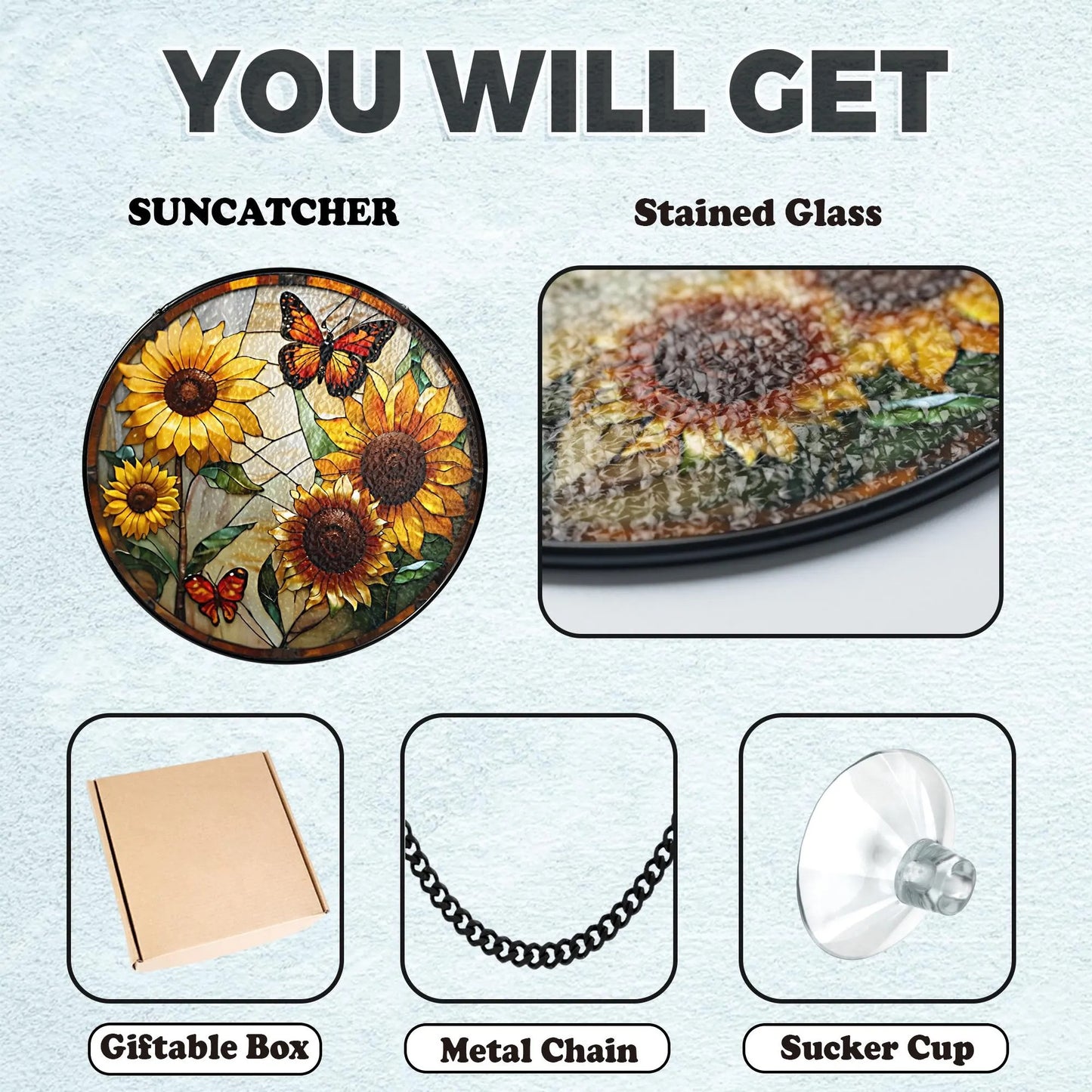 Netecom Monarch Butterflies & Sunflowers Stained Glass Suncatcher – Butterfly Window Hanging, Light Catcher Gift for Mom Grandma Women