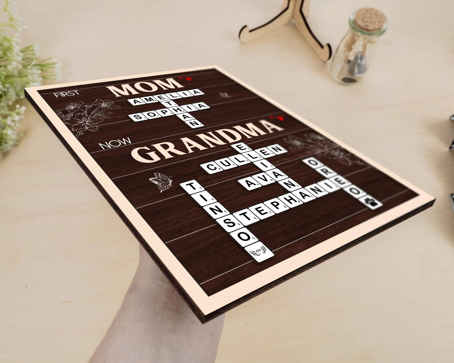 Netecom Personalized First Mom Now Grandma Crossword Puzzle Frame Family Name Scrabble Sign Custom Gift for Mom Grandkids Name Keepsake Mother's Day Gift