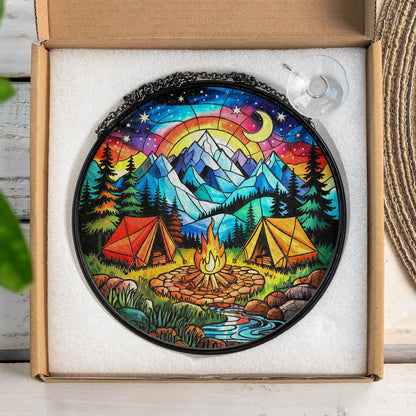 Netecom Starry Camp Fire Stained Glass Suncatcher - Adventure Begins, Seek Adventure, Camping & Travel Gift, Vacation Decor, Gift for Adventure Lovers
