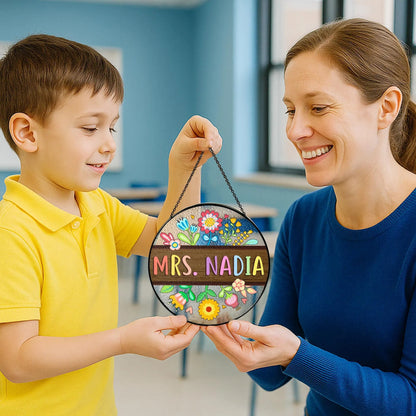 Netecom Custom Teacher Appreciation Stained Glass Gift For Teacher Floral Teacher Name Suncatcher Classroom Back To School Gift Teacher Welcome Sign