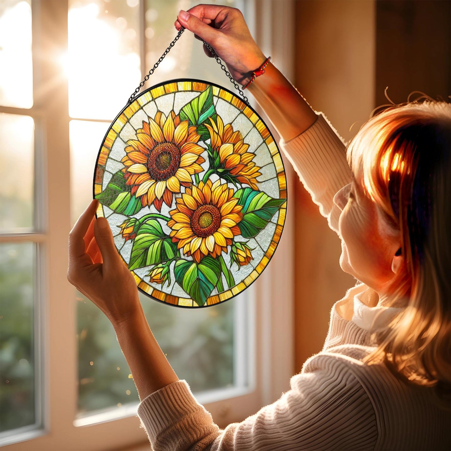 Netecom Sunflower Stained Glass Suncatcher – Window Hanging, Sunflower Ornament, Nature-Inspired Gift for Mother’s Day and Home Decor