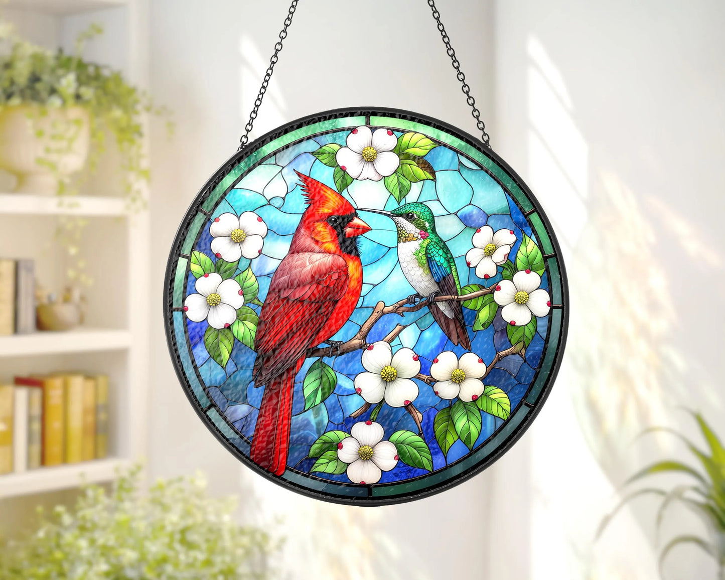 Netecom Cardinal Hummingbird Stained Glass Suncatcher – Window Hanging, Bird Lover Gift, Memorial Suncatcher, Elegant Home Decor, Memorial Gift for Women