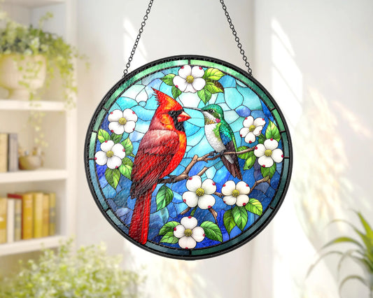 Netecom Cardinal Hummingbird Stained Glass Suncatcher – Window Hanging, Bird Lover Gift, Memorial Suncatcher, Elegant Home Decor, Memorial Gift for Women