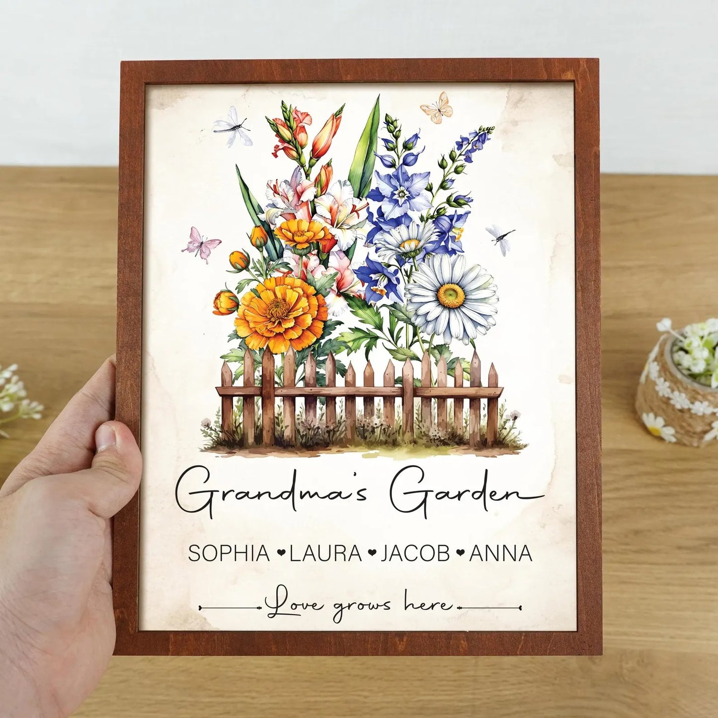 Netecom Personalized Grandma Garden Wooden Frame Birth Month Flower Sign Custom Nana Gift Mother’s Day Wall Art Keepsake