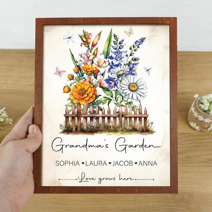 Netecom Personalized Grandma Garden Wooden Frame Birth Month Flower Sign Custom Nana Gift Mother’s Day Wall Art Keepsake