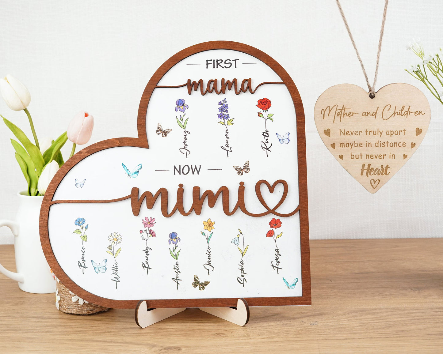 Netecom Personalized Birth Month Flowers Sign Custom Mother's Day Gift for Mom & Nana First Mom Now Grandma Heart Wooden Sign Custom Family Gift