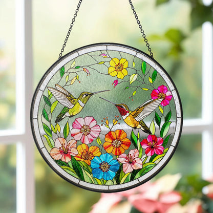 Netecom Hummingbirds Stained Glass Suncatcher – Bird Lover Window Hanging, Wildflower Glass Art, Nature Lover Gift, Vibrant Bird Window Decor