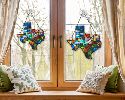 Netecom Custom Texas Suncatcher – Northern Mockingbird & Bluebonnet Window Hanging, Texas State Map Decorative Home Gift for Women Men Mom