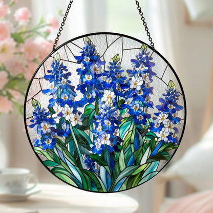 Netecom Blue Wildflower Stained Glass Suncatcher – Round Window Hanging Decor, Floral Sun Catcher Gift for Mom Grandma