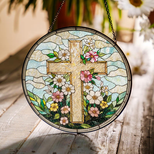 Netecom Christian Cross Stained Glass Suncatcher – Wildflower Decor, Easter Gift, Religious Window Hanging