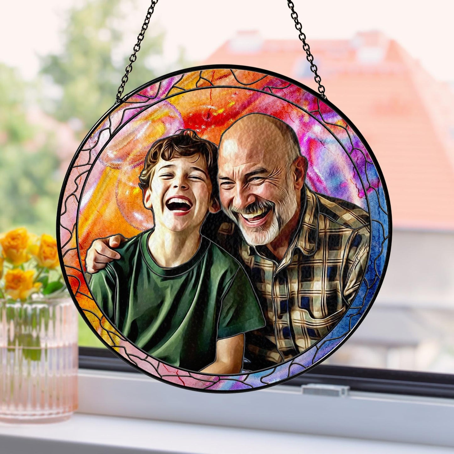 Netecom Personalized Dad Gift – Custom Stained Glass Suncatcher,  Father’s Day Birthday Christmas for Dad Men, Photo Window Hanging Keepsake