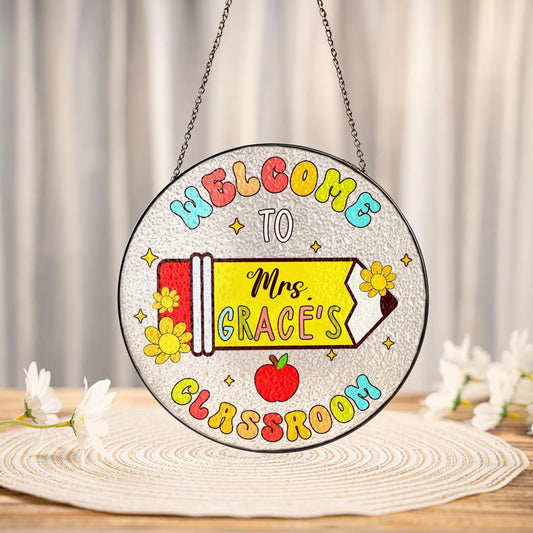 Netecom Personalized Teacher Stained Glass Suncatcher – Custom Teacher Appreciation Gift, Classroom Decor, Back to School Window Hanging