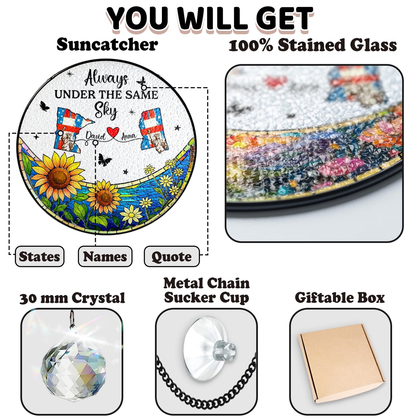 Netecom Personalized Long Distance Stained Glass Suncatcher, Always Under the Same Sky Gift, Long Distance Friendship Keepsake, Sister Best Friend