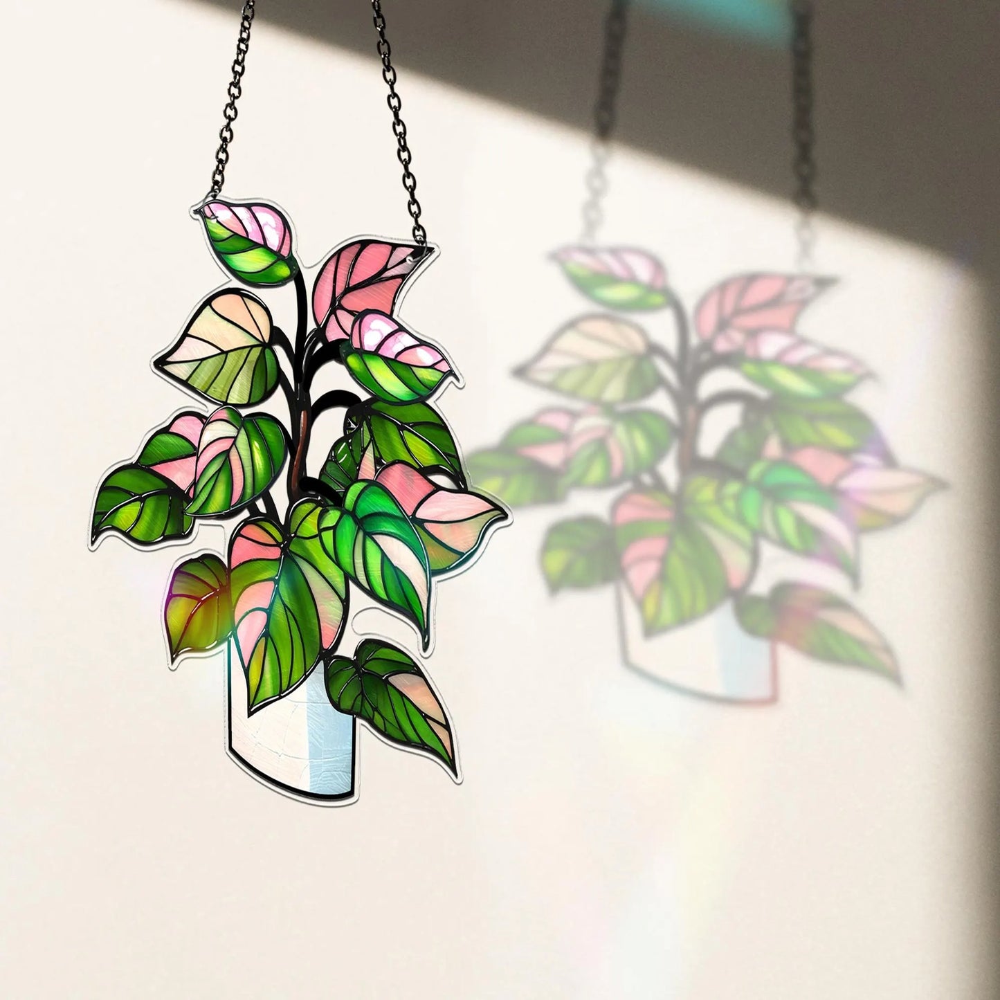 Netecom Philodendron White Princess Starter Plant Acrylic Suncatcher – Faux Stained Glass Window Hanging Decor for Plant Lovers, Rare Live Plant Garden Decor