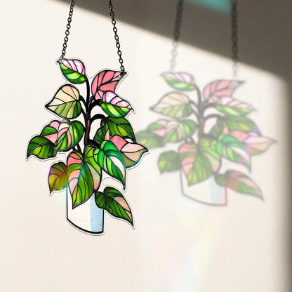 Netecom Philodendron White Princess Starter Plant Acrylic Suncatcher – Faux Stained Glass Window Hanging Decor for Plant Lovers, Rare Live Plant Garden Decor