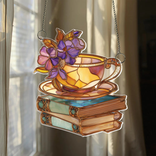 Netecom Floral Teacup & Books Acrylic Suncatcher – Magical Library Window Hanging, Book Lover Gift, Cozy Home Decor for Readers