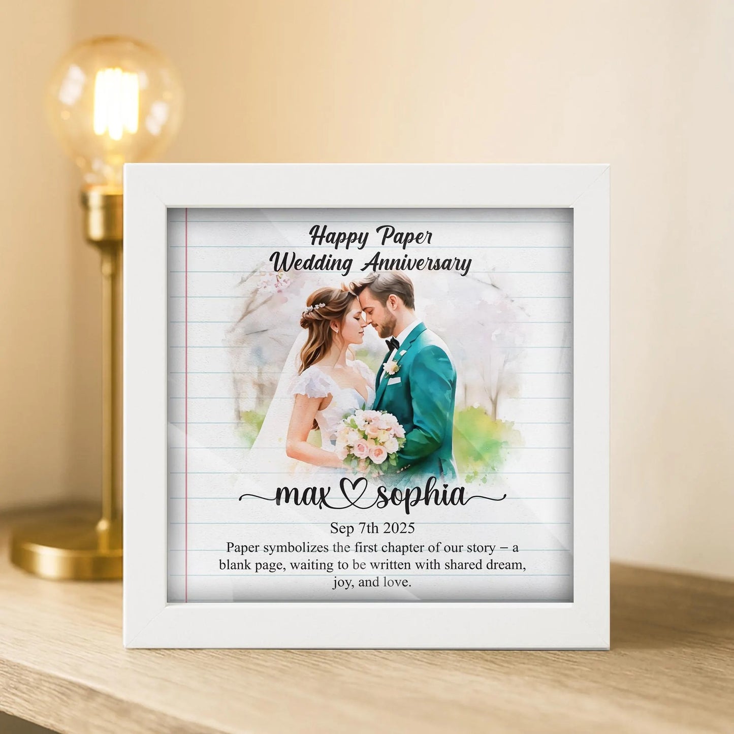 Netecom Personalized Paper Wedding Anniversary Frame, 1st Anniversary Gift for Wife or Husband, Custom Photo Wooden Frame with Names Date Quote, Traditional Paper Anniversary Keepsake