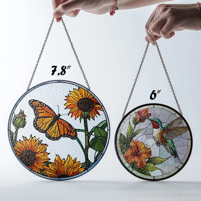 Netecom Monarch Butterflies & Sunflowers Stained Glass Suncatcher – Butterfly Window Hanging, Light Catcher Gift for Mom Grandma Women