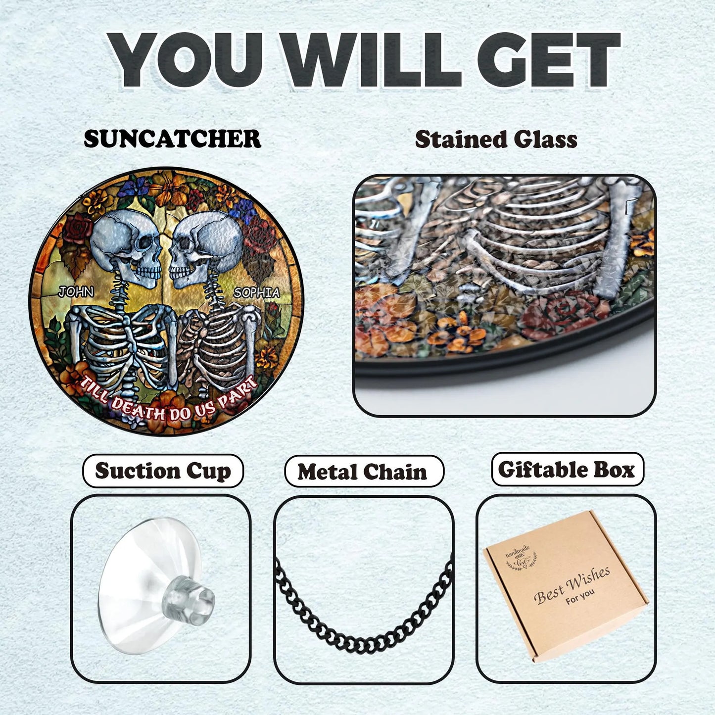 Netecom Couple Skeleton Stained Glass Suncatcher – Dark Romance Gothic Wedding Gift, Till Death Do Us Part, Valentine’s Day & Anniversary Gift for Him Her