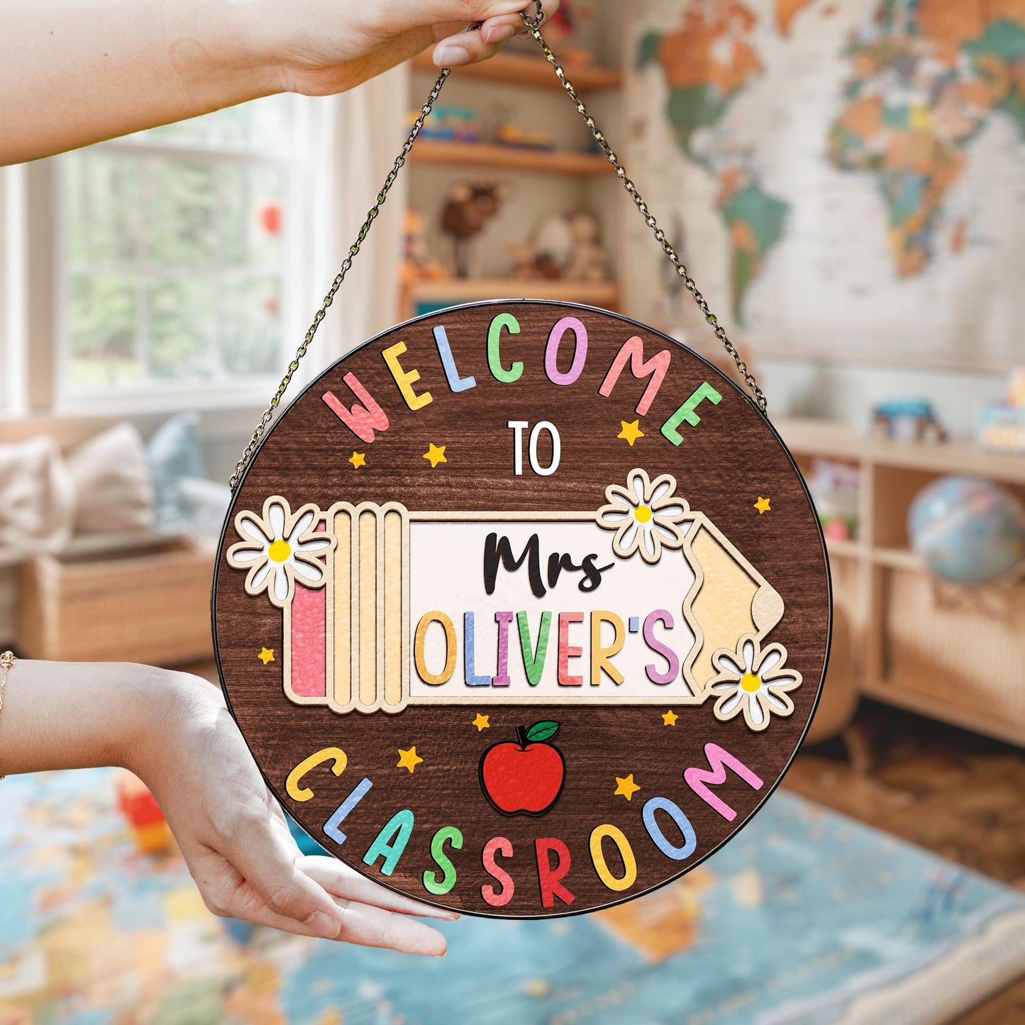 Netecom Personalized Teacher Stained Glass Suncatcher - Custom Classroom Decor, Teacher Appreciation Gift, Window Hanging Sign