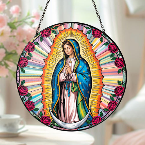 Netecom Our Lady of Guadalupe Stained Glass Window Hanging – Mexican Mom Gift, Latin Culture Art, Mother’s Day Tribute for Mom Grandmothers