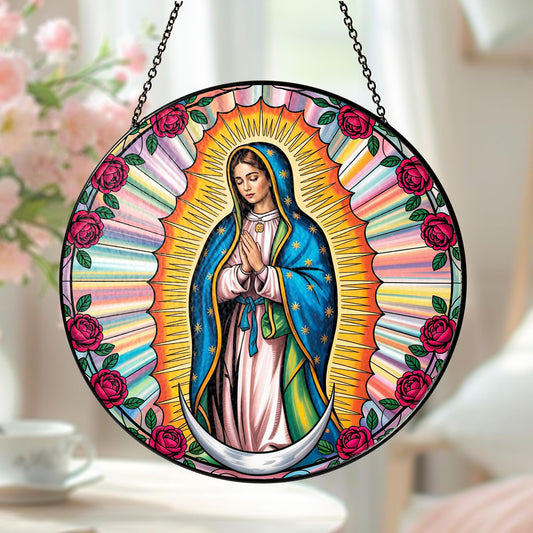Netecom Our Lady of Guadalupe Stained Glass Window Hanging – Mexican Mom Gift, Latin Culture Art, Mother’s Day Tribute for Mom Grandmothers