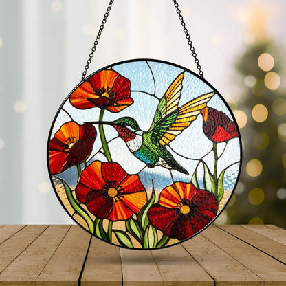 Netecom Hummingbird Poppy Flower Stained Glass Suncatcher – Bird Glass Art, Nature-Inspired Window Hanging, Gift for Hummingbird Lovers