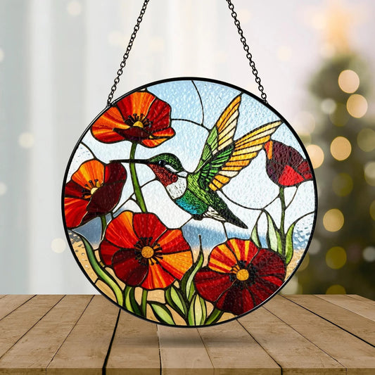 Netecom Hummingbird Poppy Flower Stained Glass Suncatcher – Bird Glass Art, Nature-Inspired Window Hanging, Gift for Hummingbird Lovers