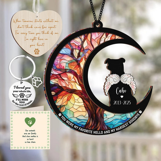 Netecom Pitbull Dog Memorial Suncatcher Gift – Personalized Pet Loss Ornament, Bereavement Keychain and Sympathy Card Remembrance Set
