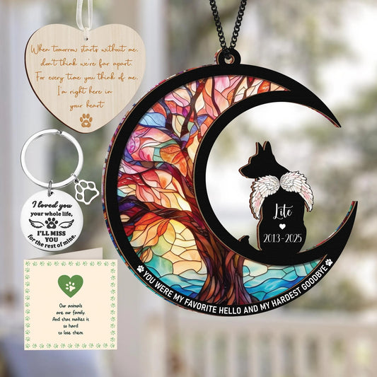 Netecom German Shepherd Dog Memorial Suncatcher Gift – Personalized Pet Loss Ornament, Bereavement Keychain & Sympathy Card Remembrance Set
