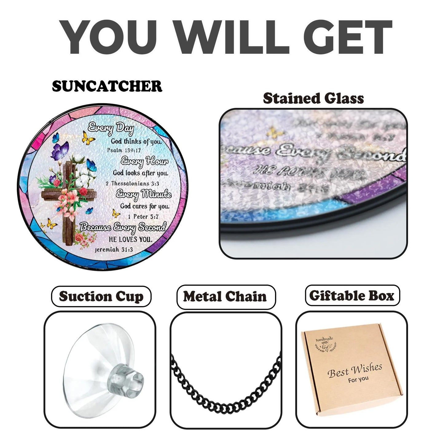 Netecom Christian Inspirational Stained Glass Suncatcher – Bible Verse Hanging Decor, Religious Gift for Women Mom Sister Friends