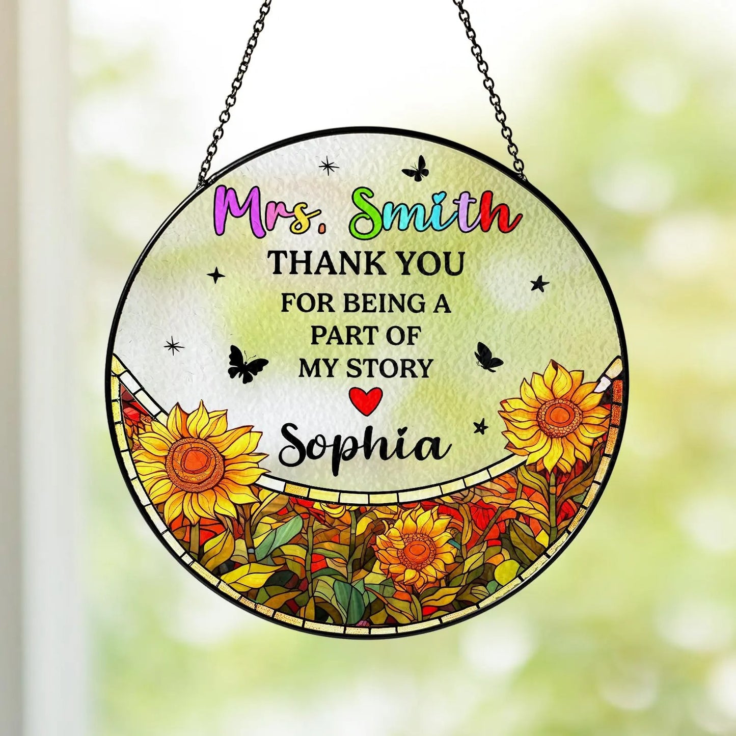 Netecom Thank You Teacher Stained Glass Suncatcher, Personalized Appreciation Gift, Classroom Window Decor, Sunflower Design