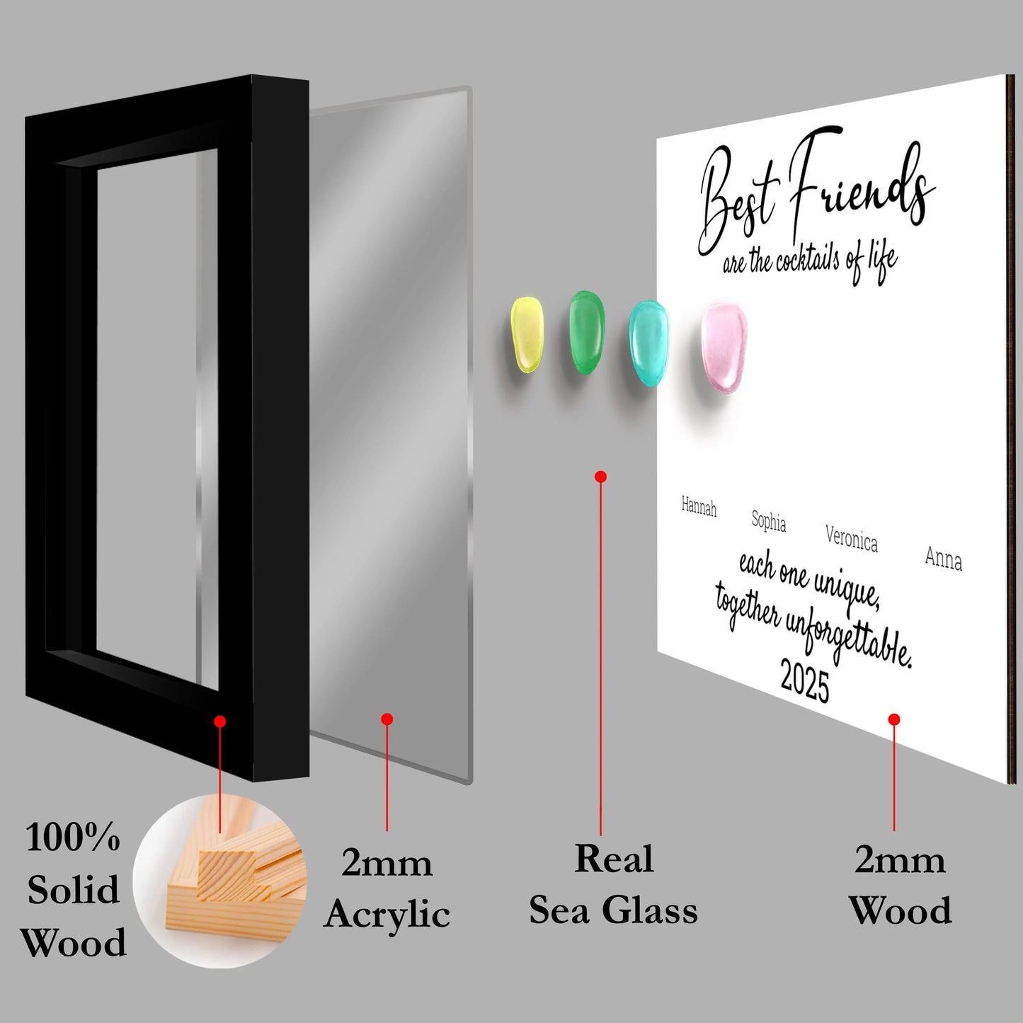 Netecom Personalized Sea Glass Friendship Frame, Best Friend Keepsake Gift, Cocktail Art for Besties, Soul Sister Decor