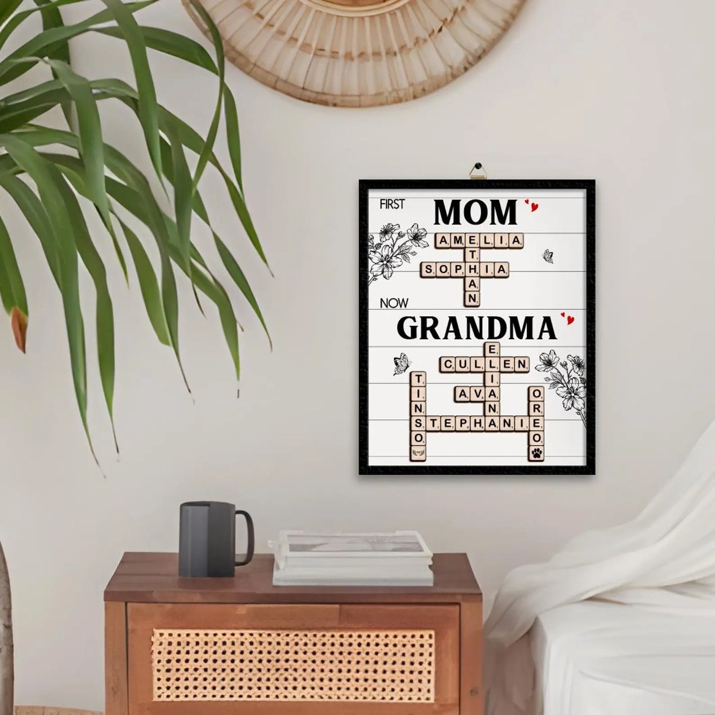 Netecom Personalized First Mom Now Grandma Crossword Puzzle Frame Family Name Scrabble Sign Custom Gift for Mom Grandkids Name Keepsake Mother's Day Gift