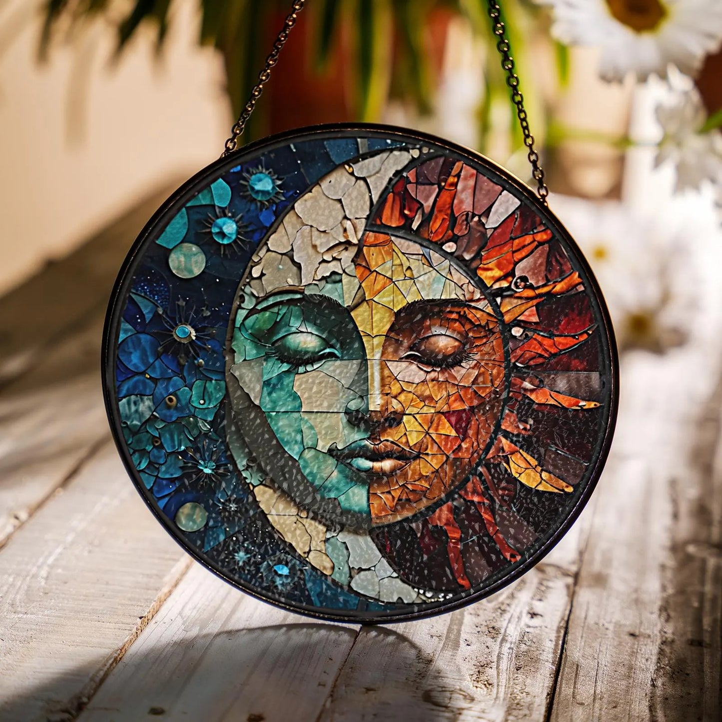 Netecom Celestial Sun and Moon Stained Glass Suncatcher – Astrology Window Hanging, Cosmic Nature Art, Christmas Gift for Friends and Home Decor Lovers
