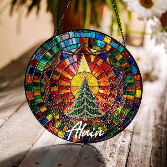 Netecom Cute Christmas Tree Faux Stained Glass Suncatcher, Holiday Window Hanging, Acrylic Glass Christmas Ornament, Xmas Gift for Family Friends