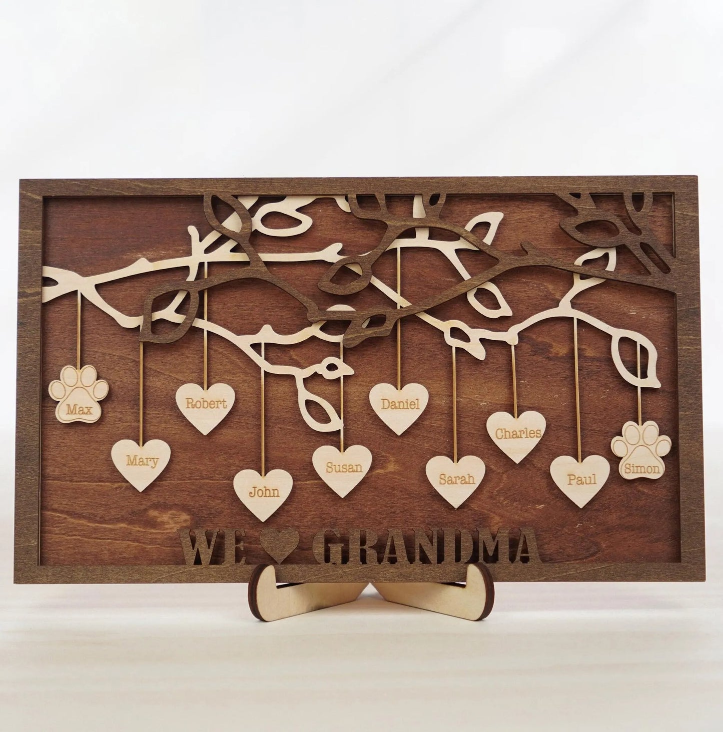 Netecom Personalized Family Tree Wood Sign Custom Grandkids Names with Hanging Hearts Love Grows Here Decor Mother’s Day Gift for Mom