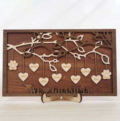 Netecom Personalized Family Tree Wood Sign Custom Grandkids Names with Hanging Hearts Love Grows Here Decor Mother’s Day Gift for Mom