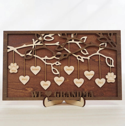 Netecom Personalized Family Tree Wood Sign Custom Grandkids Names with Hanging Hearts Love Grows Here Decor Mother’s Day Gift for Mom