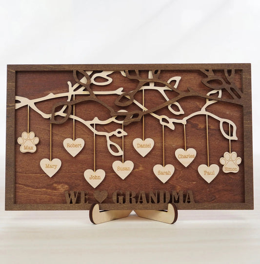 Netecom Personalized Family Tree Wood Sign Custom Grandkids Names with Hanging Hearts Love Grows Here Decor Mother’s Day Gift for Mom