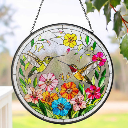 Netecom Hummingbirds Stained Glass Suncatcher – Bird Lover Window Hanging, Wildflower Glass Art, Nature Lover Gift, Vibrant Bird Window Decor