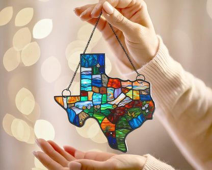 Netecom Custom Texas Suncatcher – Northern Mockingbird & Bluebonnet Window Hanging, Texas State Map Decorative Home Gift for Women Men Mom