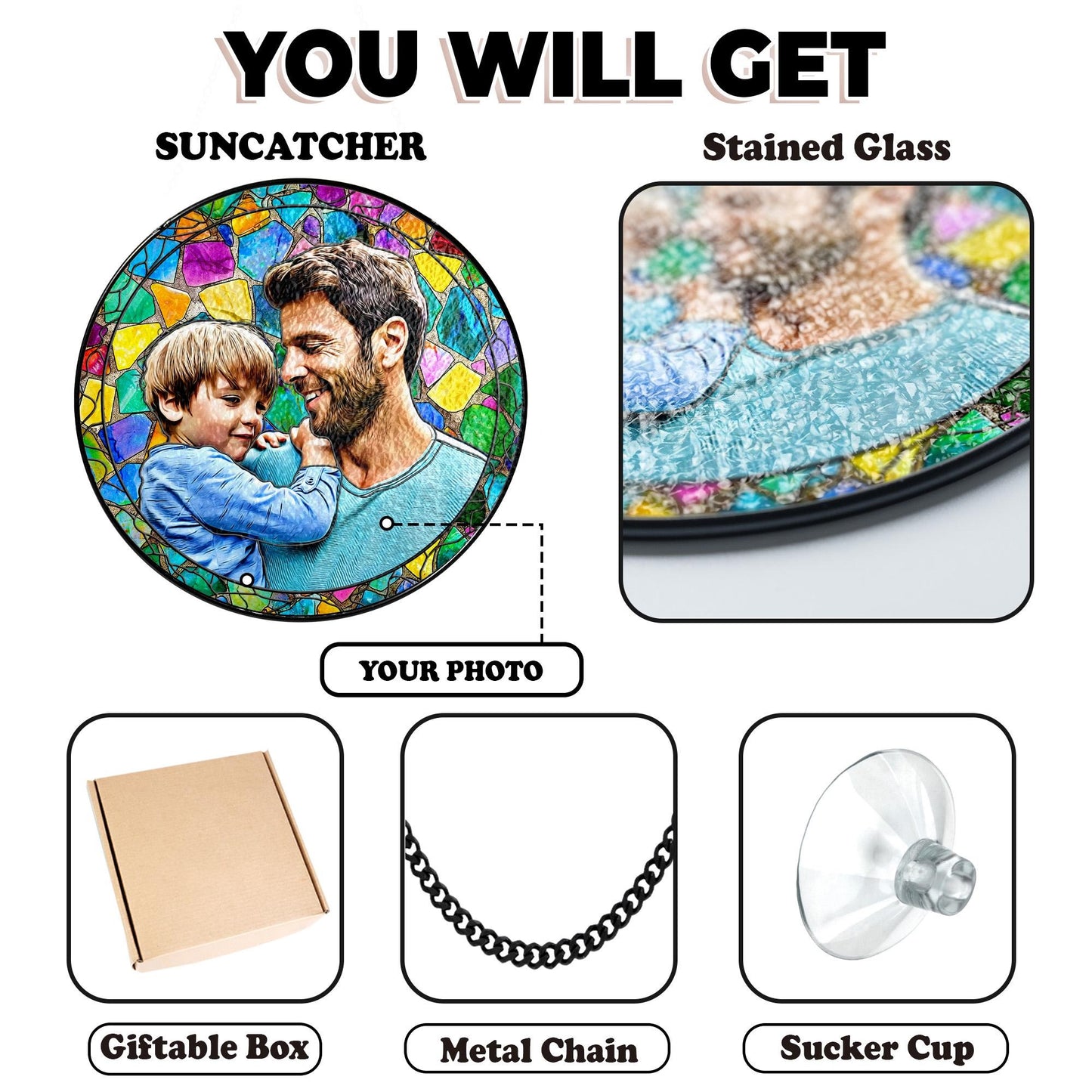 Netecom Personalized Dad Gift – Custom Stained Glass Suncatcher,  Father’s Day Birthday Christmas for Dad Men, Photo Window Hanging Keepsake